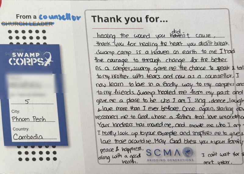 Handwritten thank-you card from a counselor in Phnom Penh, Cambodia