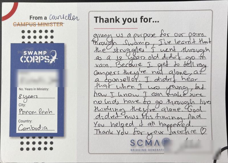 Handwritten thank-you card from a counselor in Phnom Penh, Cambodia