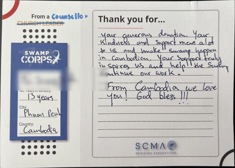 Handwritten thank-you card from a counselor in Phnom Penh, Cambodia