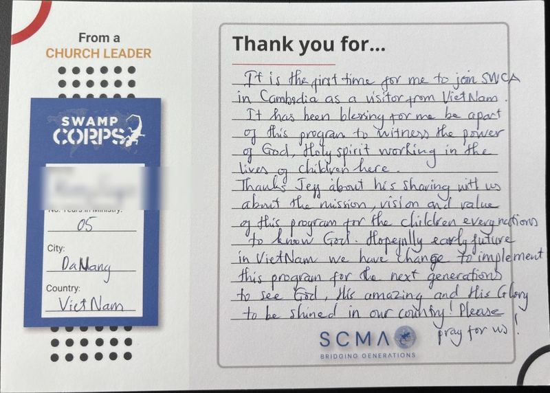Handwritten thank-you card from a church leader in Da Nang, Vietnam