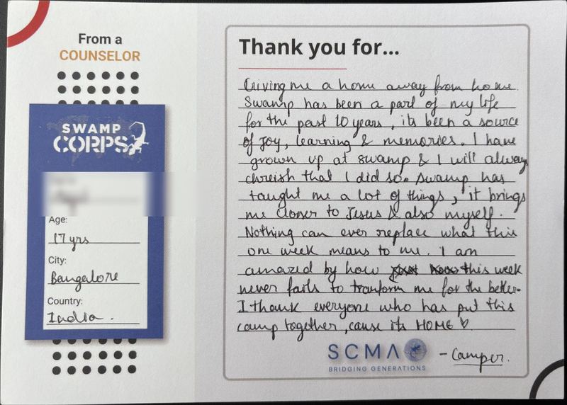 Handwritten thank-you card from a camper in Bangalore, India