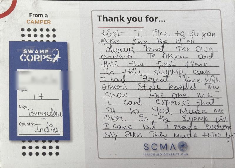 Handwritten thank-you card from a camper in Bengaluru, India