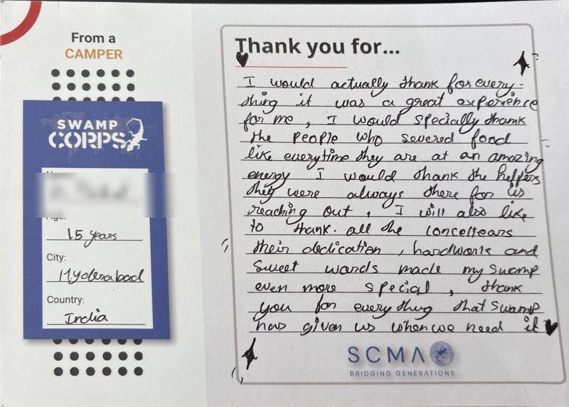 Handwritten thank-you card from a camper in Hyderabad, India