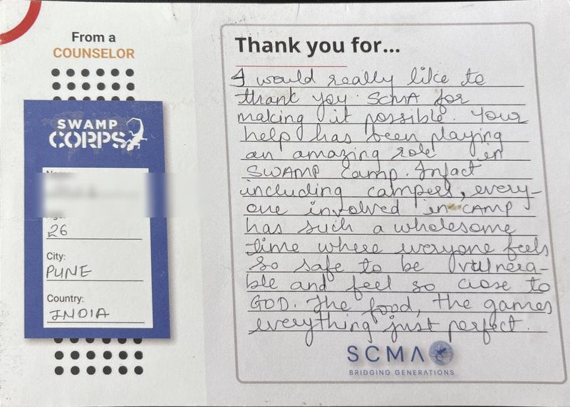 Handwritten thank-you card from a counselor in Pune, India