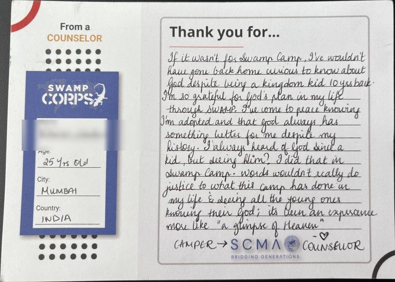 Handwritten thank-you card from a camper turned counselor in Mumbai, India