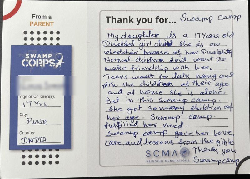 Handwritten thank-you card from a parent in Pune, India
